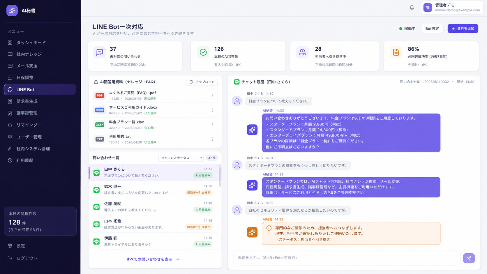 LINE Bot一次対応画面のスクリーンショット