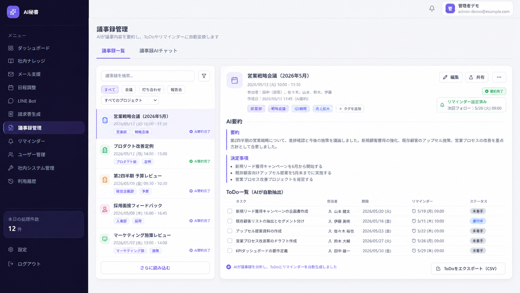 議事録管理画面のスクリーンショット